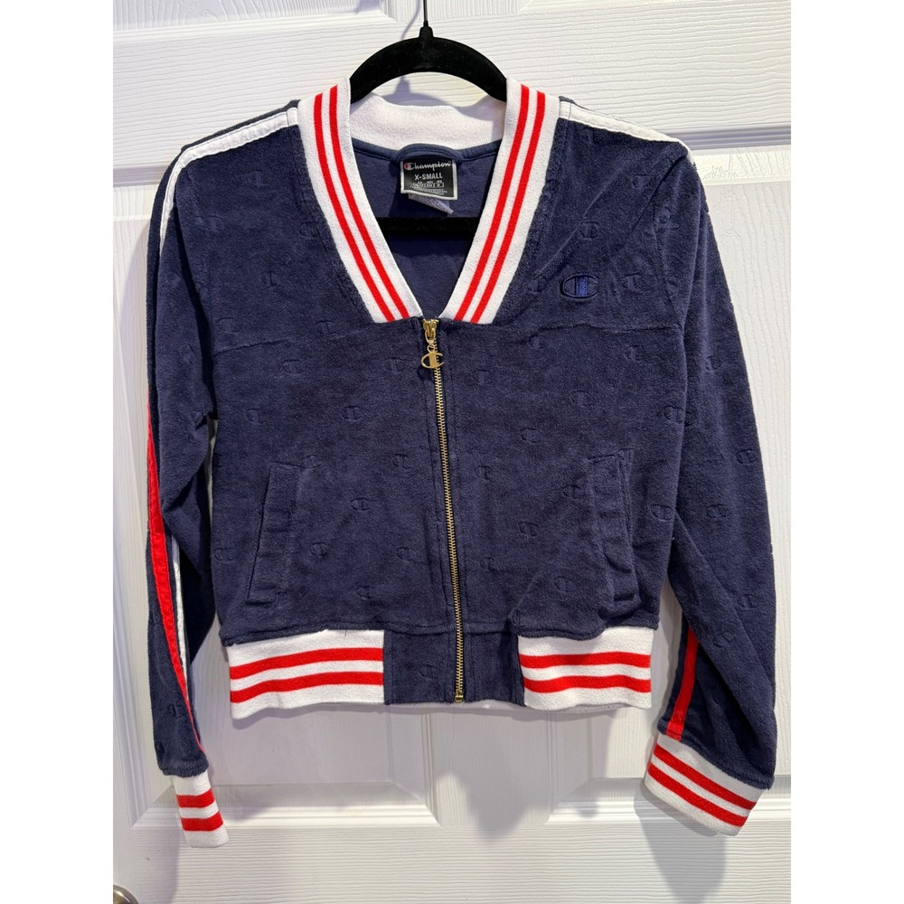 Champion Navy Terry Cloth Bomber Jacket All Over C Logo Red White Stripe XS